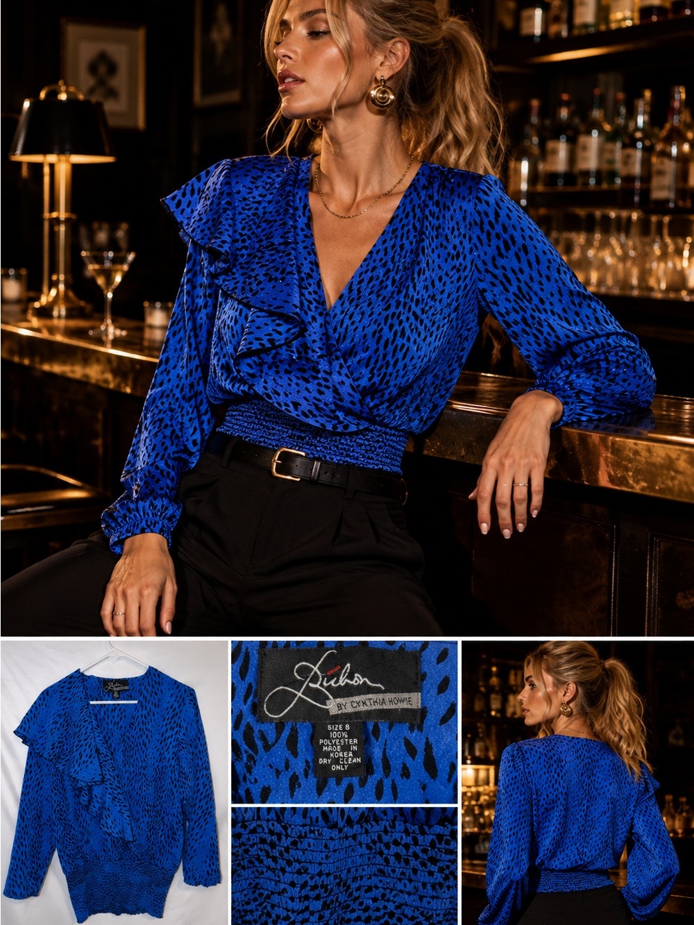 Vintage Bichon by Cynthia Howie Cobalt Blue Ruffle Animal Print Blouse Size 8